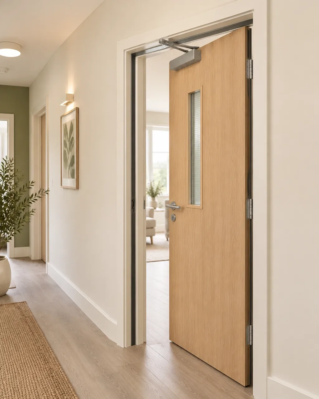 Modern fire door with visible self-closer in a bright corridor